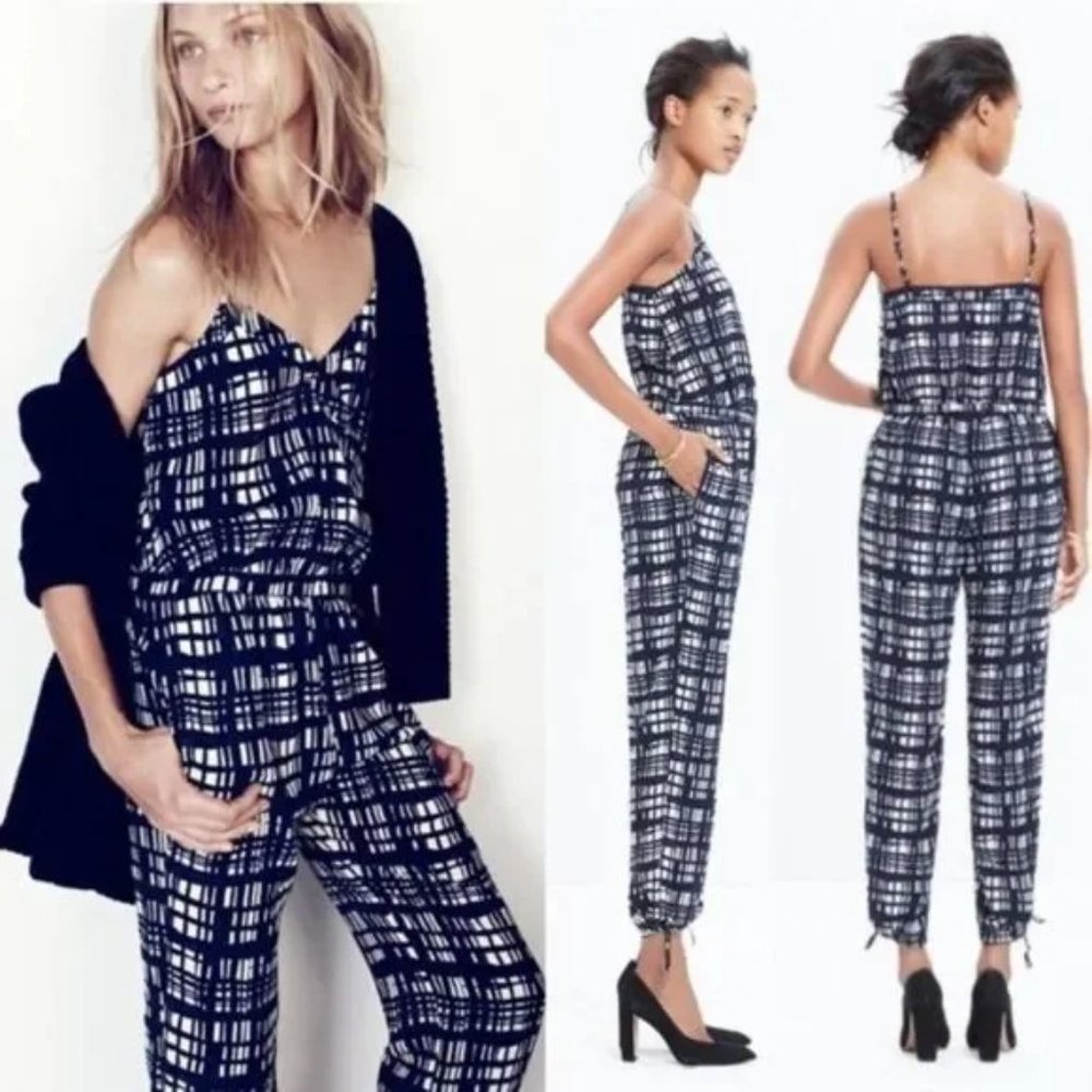 Madewell Faux Wrap Cami Jumpsuit Plaid Brush Stroke Size S Navy White Pockets